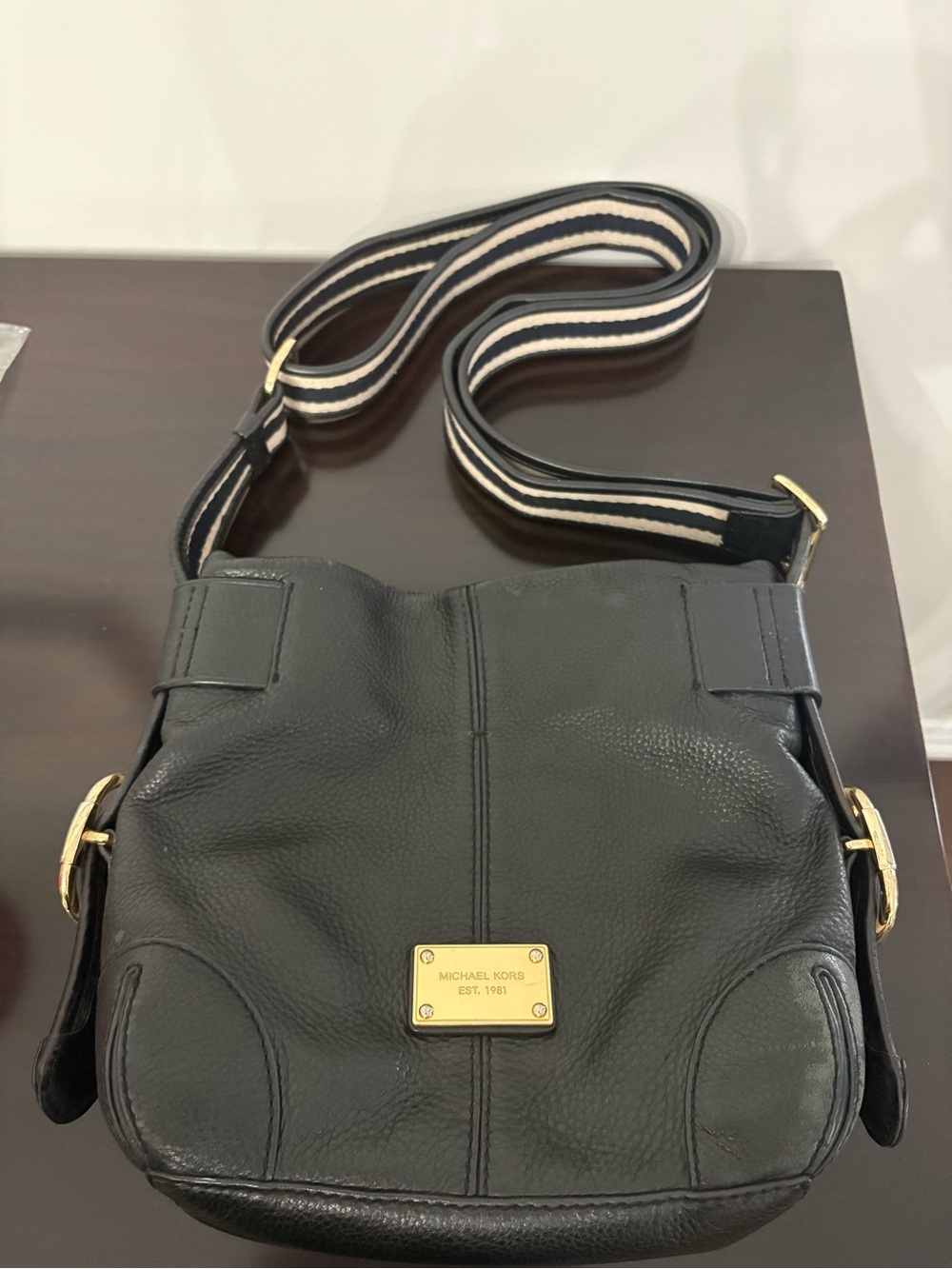Michael Kors Black Leather Crossbody with Striped Strap